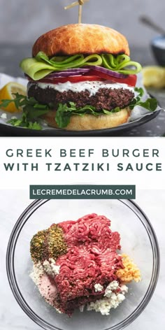 a burger with meat, lettuce and cheese on it is shown in two different pictures