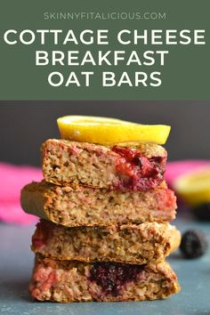 three slices of cottage cheese breakfast oat bars stacked on top of each other with lemon wedges