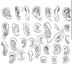 various shapes and sizes of earbuds drawn in pencil on a white paper background