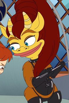 a cartoon character with red hair and horns