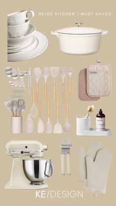 the kitchen items are arranged neatly in this graphic style, including utensils and mixers