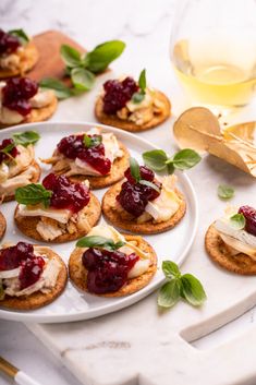 small appetizers with cranberry sauce and cheese are on a white plate