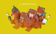 three brown bears sitting next to each other on top of a yellow background with the words, a sleuh of bears