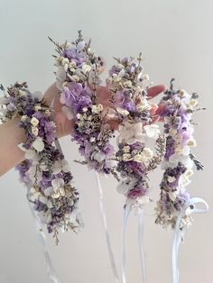 three purple and white flowers are being held by someone's hand