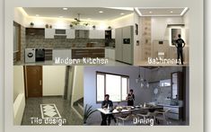 four different pictures showing kitchen, dining and living rooms