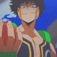 an anime character with black hair and blue eyes is holding his hand up to the camera