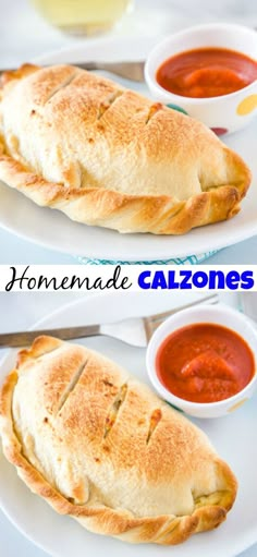 homemade calzones on two white plates with dipping sauce in the middle and an image of