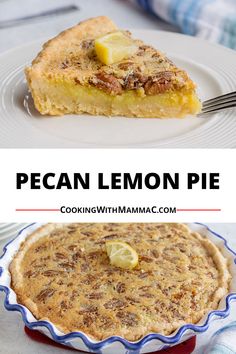 Pecan Lemon Pie recipe by Cooking with Mamma C. Slice of pie with a lemon slice on top. Full pie with a lemon slice on top. Lemon Bar Pie, Lemon Pie Bars, Lemon Bar, Crunchy Pecans, Lemon Pie, Savory Pie