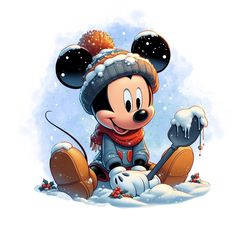 mickey mouse sitting in the snow wearing a winter hat and holding a shovel with one hand