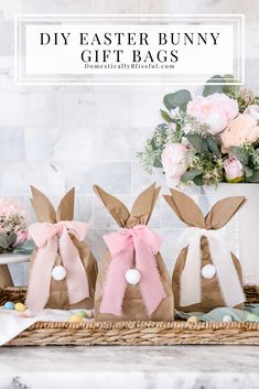 easter bunny gift bags with flowers in the background and text overlay that says diy easter bunny gift bags