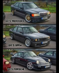 three different cars parked next to each other in a parking lot with the words 80's mercedes, 80's bmw and 80's porsche