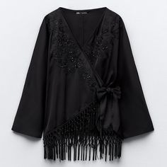 Kimono Style Top With V-Neck And Long Sleeves. Embroidered Details With Beads And Fringe. Front Tie Wrap Closure. Chest 20.1” 100% Polyester Black| 7200/231 #Ay Kimono Zara, Moda Kimono, Kimono Style Tops, Blouses Vintage, Kimono Shirt, Embroidered Kimono, Black Kimono, Shirt Blouses Tops, Collars For Women