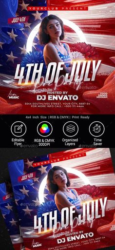 the fourth of july flyer is shown in red, white and blue with an american flag background