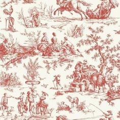 a red and white toiler wallpaper with people on horseback