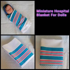 three pictures of a newborn baby wrapped in a blanket with the words miniature hospital blanket for dolls