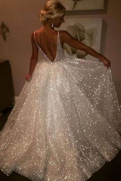 Sparkly V Neck White Long Prom Dress Ball Gown Ivory Prom Dresses, Ivory Lace Wedding Dress, Plus Size Prom, Backless Prom Dresses, Custom Size Dresses, Ivory Wedding Dress, Prom Formal, Plus Size Prom Dresses, Ivory Wedding