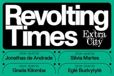 an event ticket with the words revolving times extra city in white letters on a green background