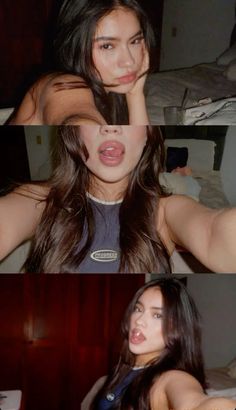 three different pictures of a woman making faces