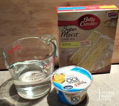 ingredients needed to make cake mix displayed on counter