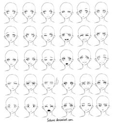 the different facial expressions in an anime character's face and head, all drawn by hand