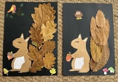 two cards with leaves and animals on them