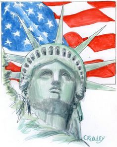 a drawing of the statue of liberty with an american flag in the background