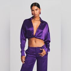 Retrofete Parker Shirt Sold Out On Website! Purple Silk Evening Top, Purple Silk Evening Blouse, Elegant Cropped Shirt, Purple Long Sleeve Evening Blouse, Purple Silk Top For Formal Occasions, Formal Purple Silk Top, Purple Silk Party Tops, Silk Cropped Party Tops, Silk Cropped Tops For Party