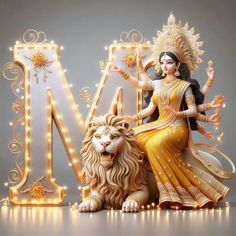 a statue of a woman sitting on top of a lion next to the letter m