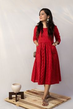 Red front gathered ikat dress with front pockets Fabric details - Pure Cotton Ikat Length 42 inches Sizes XS - shoulder 13.5, chest 32, waist 26, hip round 36 S - shoulder 14, chest 34, waist 28, hip round 38 M - shoulder 14, chest 36, waist 30, hip round 40 L - shoulder 14.5, chest 38, waist 32, hip round 43 XL - shoulder 14.5, chest 40, waist 35, hip round 45 XXL- shoulder 15, chest 42, waist 37, hip round 47 Model wearing size XS, chest 32 Country of Origin: India Please take note: Dark color Cotton Frocks For Women, Feeding Dresses, Frock Models, Cotton Dress Pattern, Simple Frock Design, Ikkat Dresses, Long Gown Design, Casual Frocks, Simple Frocks