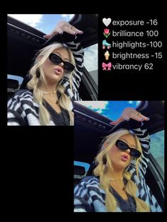 two pictures of a woman wearing sunglasses and a zebra print jacket with the caption, exposure - 16 brilliant highlights - 100 brightness