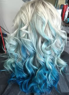 Blue Ombre Blonde Hair, Platinum Blonde Hair With Blue Tips, Silver To Blue Ombre Hair, Tiffany Blue Hair, Silver And Teal Hair, Blue And Platinum Hair, Blue Balayage Blonde, Blue And Blonde Hair Peekaboo Highlights