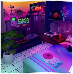 a living room filled with furniture and a neon sign on the wall next to a potted plant