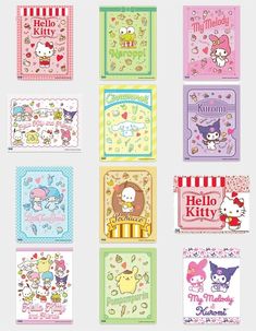 hello kitty greeting cards are shown in different colors and designs, with the characters on them