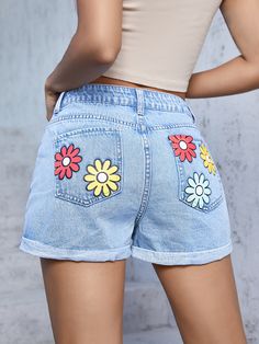 Light Wash  Collar  Denim Floral Straight Leg Embellished Non-Stretch  Women Clothing Jeans Makeover, Painted Denim Shorts, Women Denim Shorts, Painted Shorts, Custom Jeans, Jean Pockets, Painted Jeans, Cute Embroidery, Slim Denim