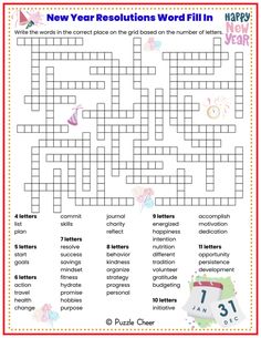 the new year's resolution word fill in crosswords for kids to learn