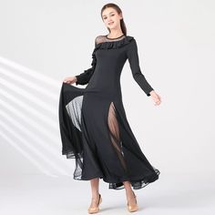 Women's Long Sleeve Modern Dance Performance Dress Waltz Ballroom Dance Dress Black Long Sleeve Black Ballroom Dress, American Smooth Dress, Box Dress, Ballroom Dance Dress, Performance Training, Dress Ruffles, Costume Ball, Tango Dress, Ballroom Dance Dresses