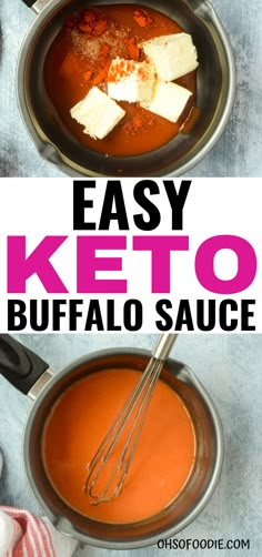 homemade keto buffalo sauce in a pot with the words, homemade keto buffalo sauce