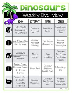 the dinosaur's weekly overview is shown in this printable activity for kids to learn how