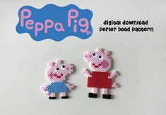 two peppa pig brooches are shown on a white background with the words peppa pig written above them