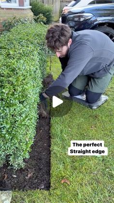 a man kneeling down in the grass next to a garden with plants growing out of it