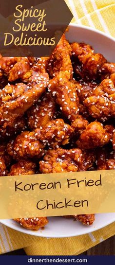 korean fried chicken with sesame seeds in a bowl on a yellow and white checkered table cloth