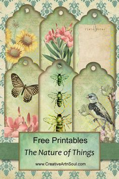 four tags with flowers and butterflies on them, one has the words free printables