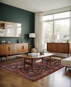 a living room filled with furniture and a large mirror on the wall over a coffee table