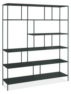 a black shelf unit with four shelves on each side and one shelf below the other