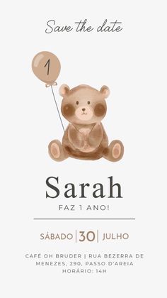 a teddy bear holding a balloon on top of a white card with the words save the date