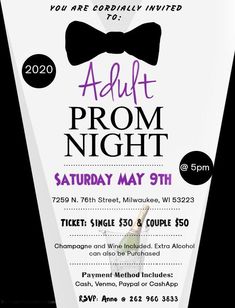 an adult prom night flyer with a bow tie and tuxedo on the front