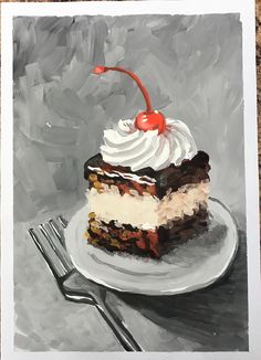 a painting of a piece of cake on a white plate with a cherry on top