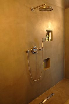 a shower head and hand shower in a bathroom with beige walls, wood floors and tile flooring