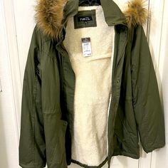 Large Hooded Coat, Green With Shearling Lining. Faux Fur Around Hood. Nwt Green Jacket With Fur, Cryptid Outfit Aesthetic, Green Fur Jacket, Hooded Jacket Outfit, Cryptid Hunter, Green Fur Coat, Coat With Fur Hood