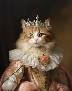 a cat wearing a tiara and sitting in a pink dress